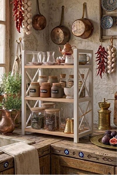 interhomestyle AXİS Tezgah Üstü Raf 3 Katlı Masif Ahşap plastik BEYAZ