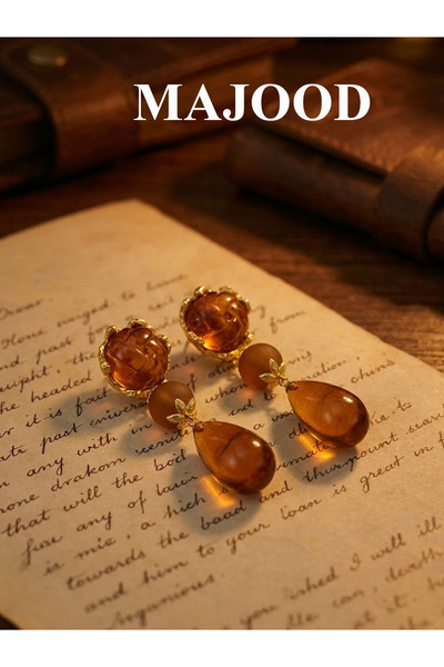 MAJOOD Vintage Gold Frame Caramel Amber Earrings, Elegant Ladies Jewelry with...