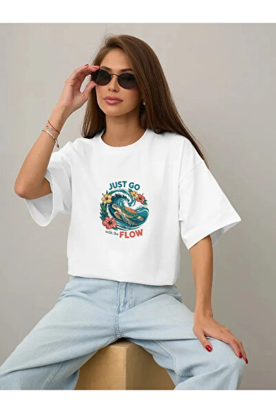 ELNOYA تي شيرت نسائي مطبوع عليه Just Go With The Flow Turtle