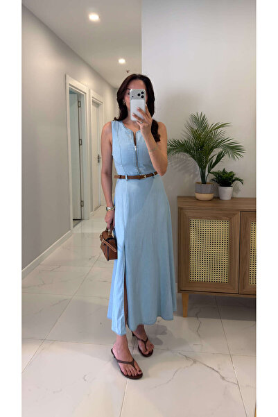 BİRCANÇİL Φόρεμα από τζιν Tensel με επένδυση και ζώνη σε ανοιχτό μπλε χρώμα C...