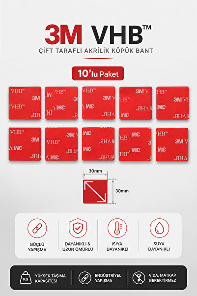ARNİS 3M VHB Çift Taraflı Bant 30x30 mm Kare Kesim 10’lu Paket Güçlü Yapışkan...