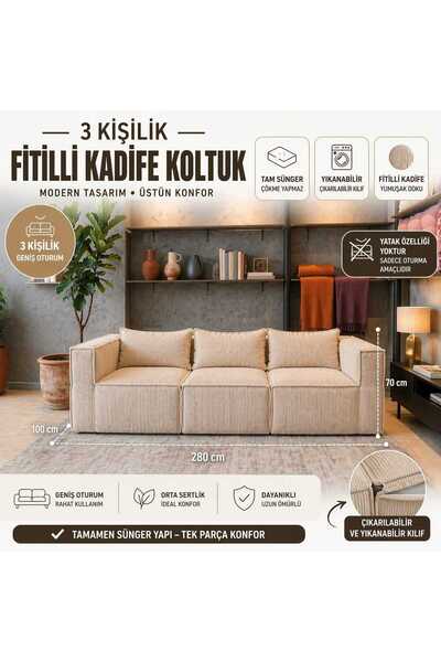 COLORMİX Fitilli Kadife 3' lü Koltuk Tam sünger Rahat Oturum Modern Kanepe Ko...
