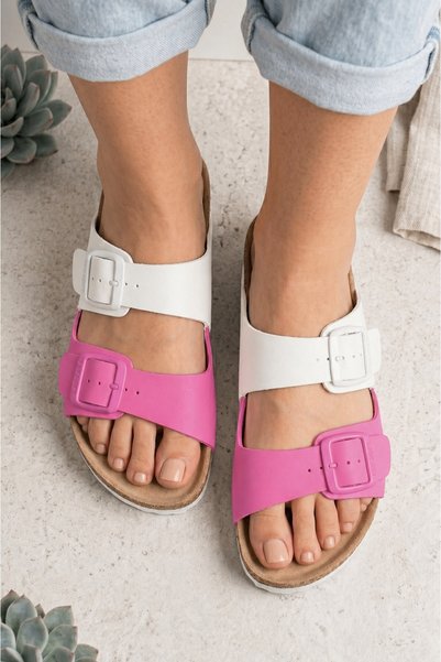 royalmoni Flysoft S902.060 İncim Women's Double Buckle Orthopedic Slippers White Fuchsia