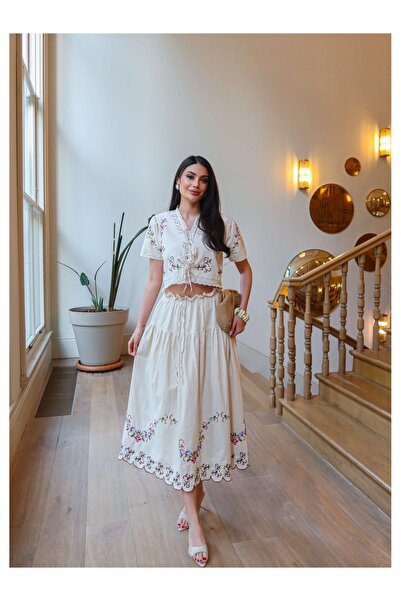 ESRAHELVACI Σετ λινό με κέντημα λουλουδιών και διακόσμηση γκιπούρ