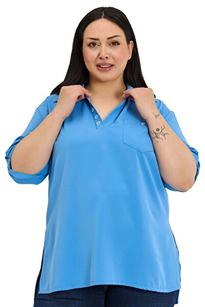 DISENTIS MODEST Μπλούζα Indigo μεγάλου μεγέθους με λεπτομέρεια κουμπιών στο γ...