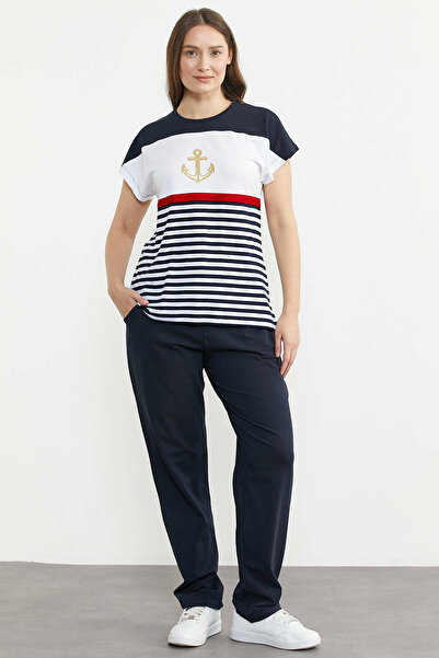 Sementa Μαρινά ριγέ διπλό χτενισμένο βαμβακερό σετ - Ναυτικό μπλε