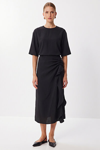 Lovelyİstanbul Ντραπέ Φόρεμα Μίντι Μοντάλ LNT0033 ΜΑΥΡΟ