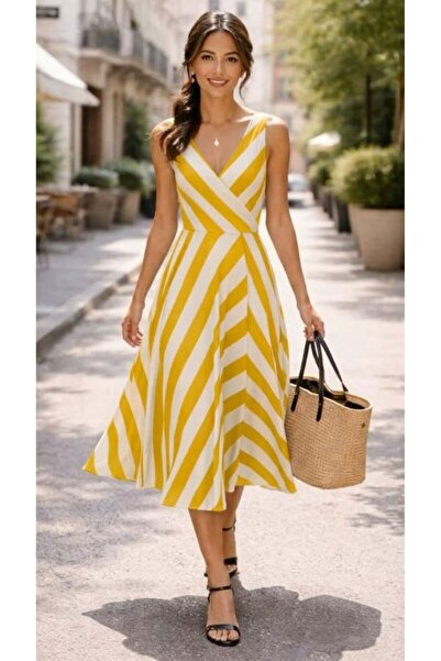 JANES Γυναικείο φόρεμα μίντι με λουράκια, διπλό γιακά, ριγέ, χωρίς ζώνη, στυλ...