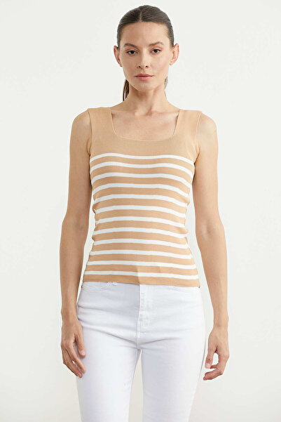 Sementa Ριγέ Πλεκτό Τοπ με Χοντρές Τιράντες - Καμηλό