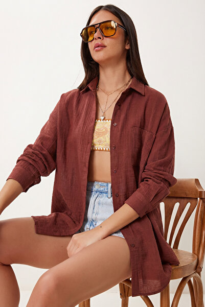 Lovelyİstanbul Υπερμεγέθες Βασικό Πουκάμισο Μουσελίνας LMX0002 ΣΚΟΥΡΟ ΠΛΑΚΑΚΙ