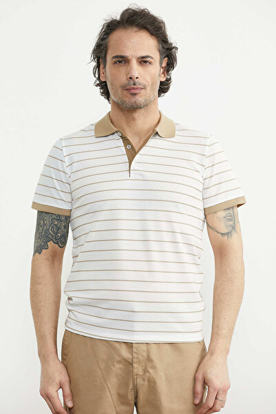 Sam Polo Collar Striped Pique Fabric T-Shirt - White - Stone