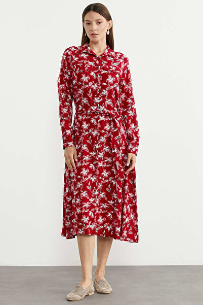 Sementa Φόρεμα πουκάμισο με μοτίβο και μακριά μανίκια από βισκόζη - Κόκκινο