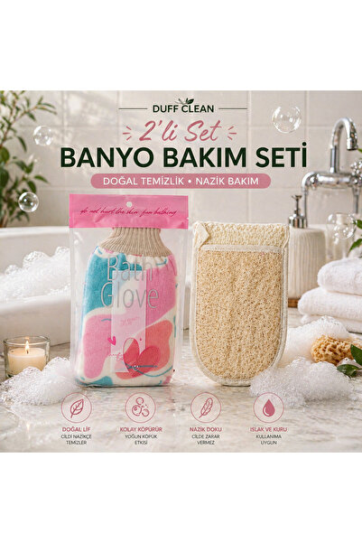 DUFF CLEAN 2'li Banyo Bakım Seti Doğal kabak Lifli Kese ve Banyo Eldiveni Spa...