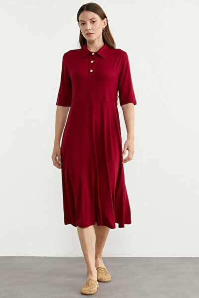 Sementa Collared Button Detailed Combed Cotton Dress - Burgundy