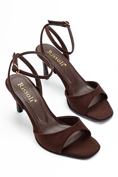 RİSSOLİ Καφέ σουέντ γυναικεία σανδάλια με μονό λουράκι και χαμηλό τακούνι