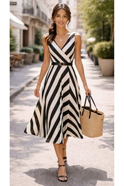 Wear Up Γυναικείο φόρεμα μίντι με λουράκια, διπλό γιακά, ριγέ, χωρίς ζώνη, στ...