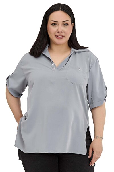 DISENTIS MODEST Μπλούζα σε μεγάλο μέγεθος σε ανοιχτό γκρι χρώμα με κουμπιά στ...