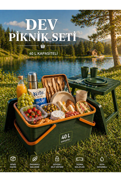 TOTTERİQ 40lt katlanır masalı piknik sepeti piknik seti piknik masası organizer