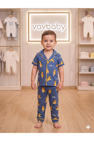 VaVbaby طقم بيجامة قطني بياقة مزدوجة الصدر وأزرار أمامية بنمط الأسد الملكي مو...