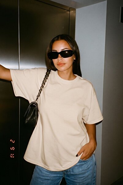 Yefrastore Γυναικείο μπεζ μπλουζάκι oversize από βαμβάκι με κοντό μανίκι