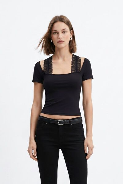 Rays Μαύρη δαντελωτή κοντομάνικη μπλούζα 30007