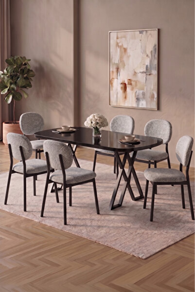 Rovena HOOLİ Siyah 90x168 Sabit Yemek Masası Mutfak Masası Takımı 6'lı polo s...