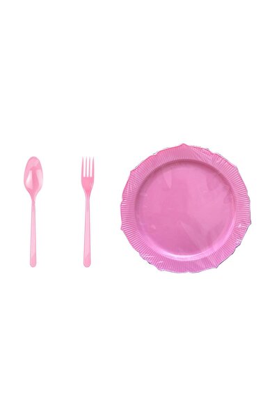 omeyva 26 Cm. Plastik Mika Pembe Sorfa Piknik Seti - 6 Kişilik Tabak Çatal Ka...