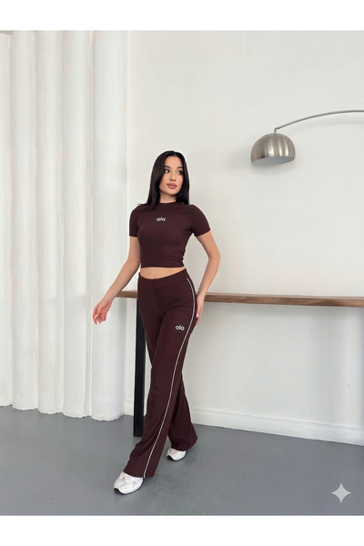 TrendButikBurada طقم رياضي مزدوج بتفاصيل شريطية من القماش القطني - خصر مرتفع ...