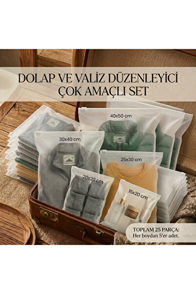 BKB AMBALAJ Fermuarlı Yarım Mat Buzlu Şeffaf Tekstil Saklama Torbası Seti, 14...