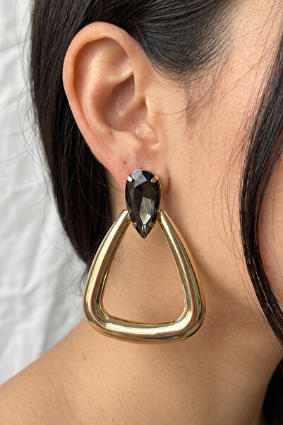 PETEK AKSESUAR Droplet Stone Large Triangle Metal Earrings 7 Cm.