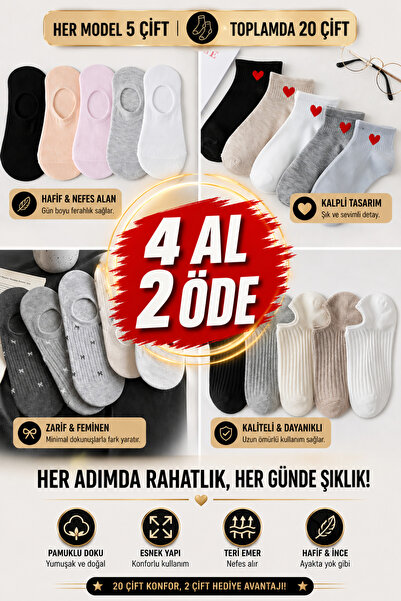 SEVORIA 20 Çift Kadın Patik Çorap | 4 Al 2 Öde Süper