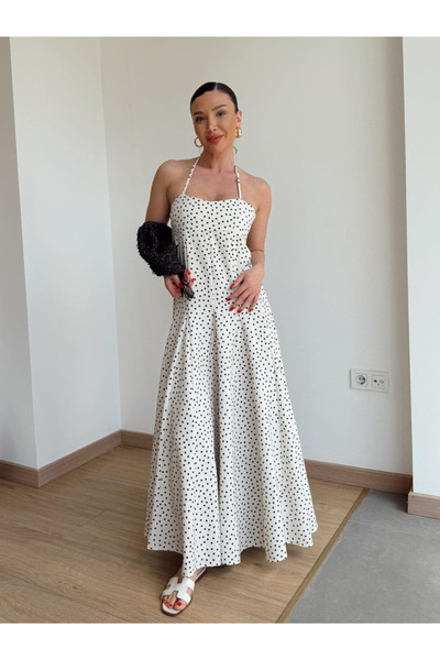 My Blog Εκρού Φόρεμα με Πουά και Δέσιμο στο Λαιμό - 4733