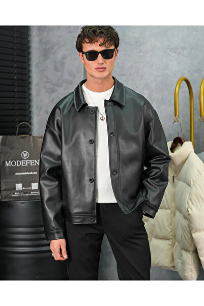 MODEFENDİ High Quality Oversized Buttoned Leather Coat