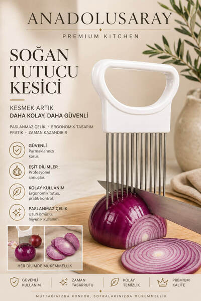 Anadolu Saray Paslanmaz Çelik Soğan Tutucu Kesici | Güvenli Sebze Dilimleme A...