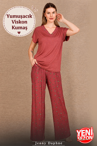 Jenny Daphne Γυναικείο Σετ Πιτζάμες από Βισκόζη Κοντομάνικο με Λαιμόκοψη V Άν...