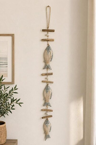Handcrafted Natural Wooden Fish Figure Wall Object 116cm | Bohemian Coastal Style Decorative Wall Art