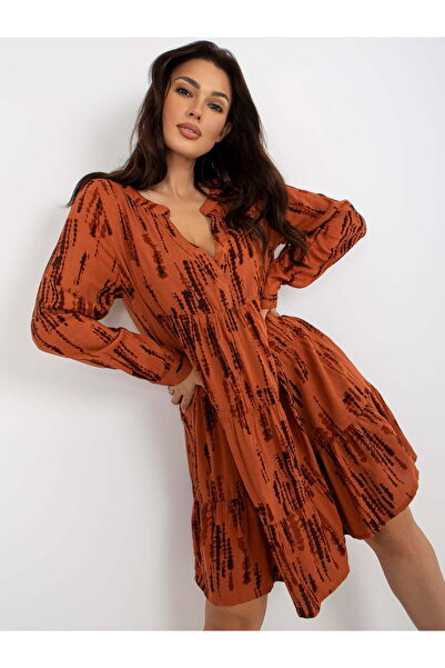 Sublevel Light Brown Boho Dress With Prints And Ruffles