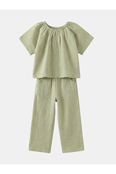 Cotton Trips Müslin Palazzo Pantolon Dökümlü Bluz Takım 2-7 Yeşil