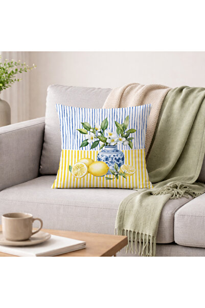 Evmila غطاء وسادة مزخرف بخطوط زرقاء وبيضاء وتصميم ليموني (43x43 سم)