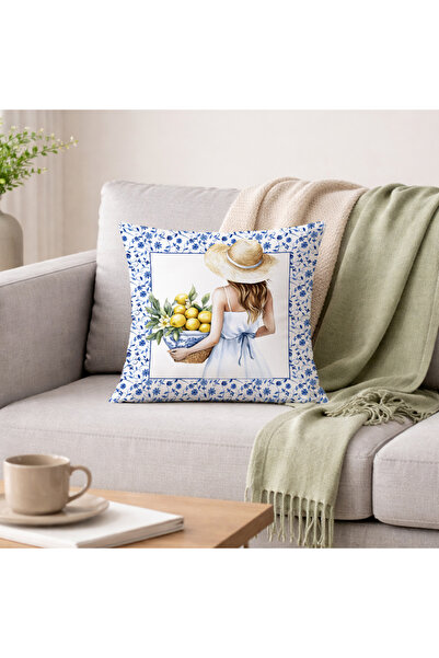 Evmila غطاء وسادة مطبوع على الوجهين بنمط بلاط أزرق وأبيض وتصميم ليموني مقاس 4...