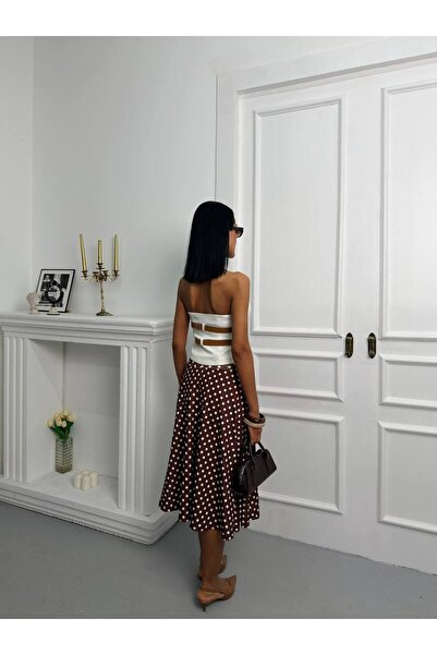 TrendParis Υφασμάτινη φούστα με πουά σχέδιο σε καφέ χρώμα