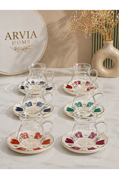 ARVİA HOME Filiz 12 Parça 6 Kişilik Çay Seti Cam Çay Bardağı ve Desenli Tabak...