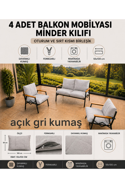 DORUK HOME Doruk açık gri balkon mobilyası minder kılıfı 55x100cm 4 oturumlu ...