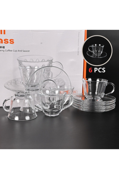 Generic Ribbed Glass Tea Cups with Saucers Set of 6 200ml - Premium Quality S...
