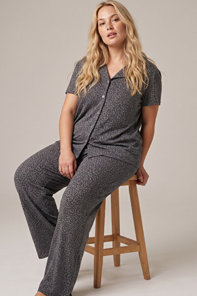 Siyah İnci ΑΝΘΡΑΚΙΤΙΚΟ Σετ Πιτζάμες Πλεκτό με Κουμπιά, Μεγάλο Μέγεθος, Σχέδιο...