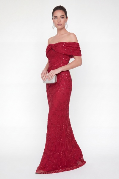 Lafaba Women's Red Boat Neck Beaded Long Mermaid Evening Dress