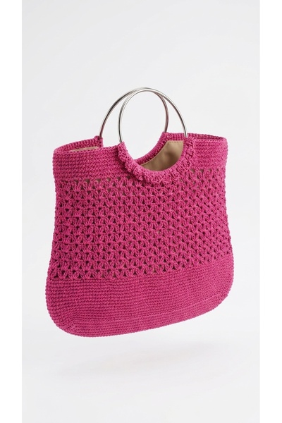 Enie Γυναικεία ροζ ψάθινη πλεκτή χειροποίητη τσάντα παραλίας και ώμου-χωρίς ε...