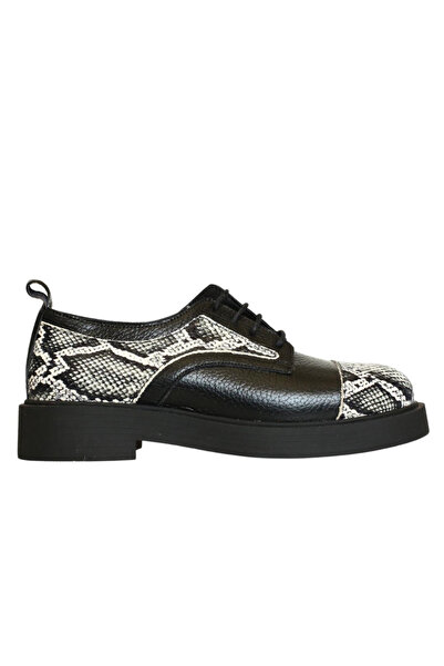 Platin Black Leather Lace-Up Women's Casual Shoes