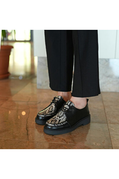 Platin Black Leather Lace-Up Women's Casual Shoes