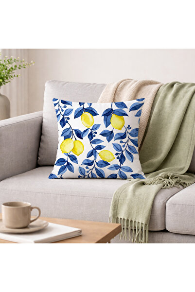 Evmila غطاء وسادة مزخرف بنقش أوراق الشجر باللون الأزرق الداكن ونمط الليمون ال...